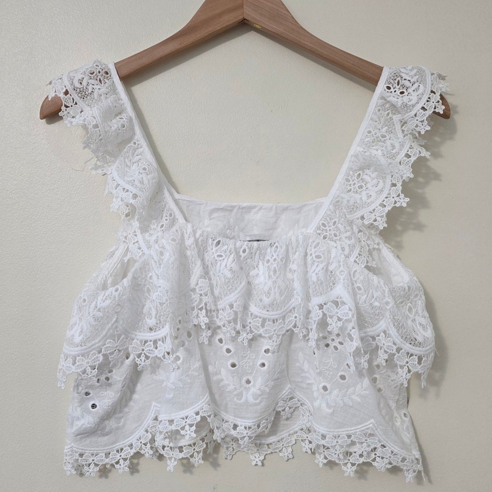 Zara Lace Eyelet Ruffle Top Sz M Embroidered Crop Boho Cottage Country Cami Tank - Picture 5 of 10